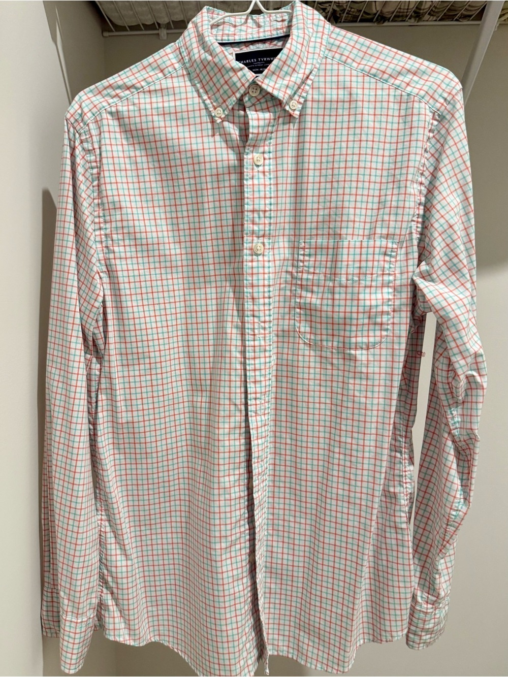 Charles Tyrwhitt White Button-Down Shirt with Red & Green Windowpane
